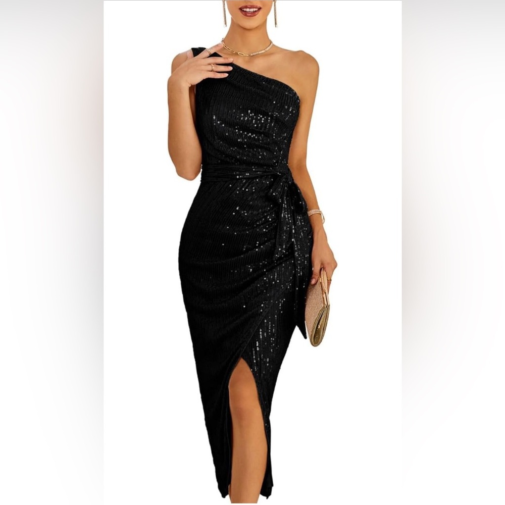 GRACE KARIN One Shoulder Sequin Sparkly Glitter Wrap Cocktail Dress with Slit
